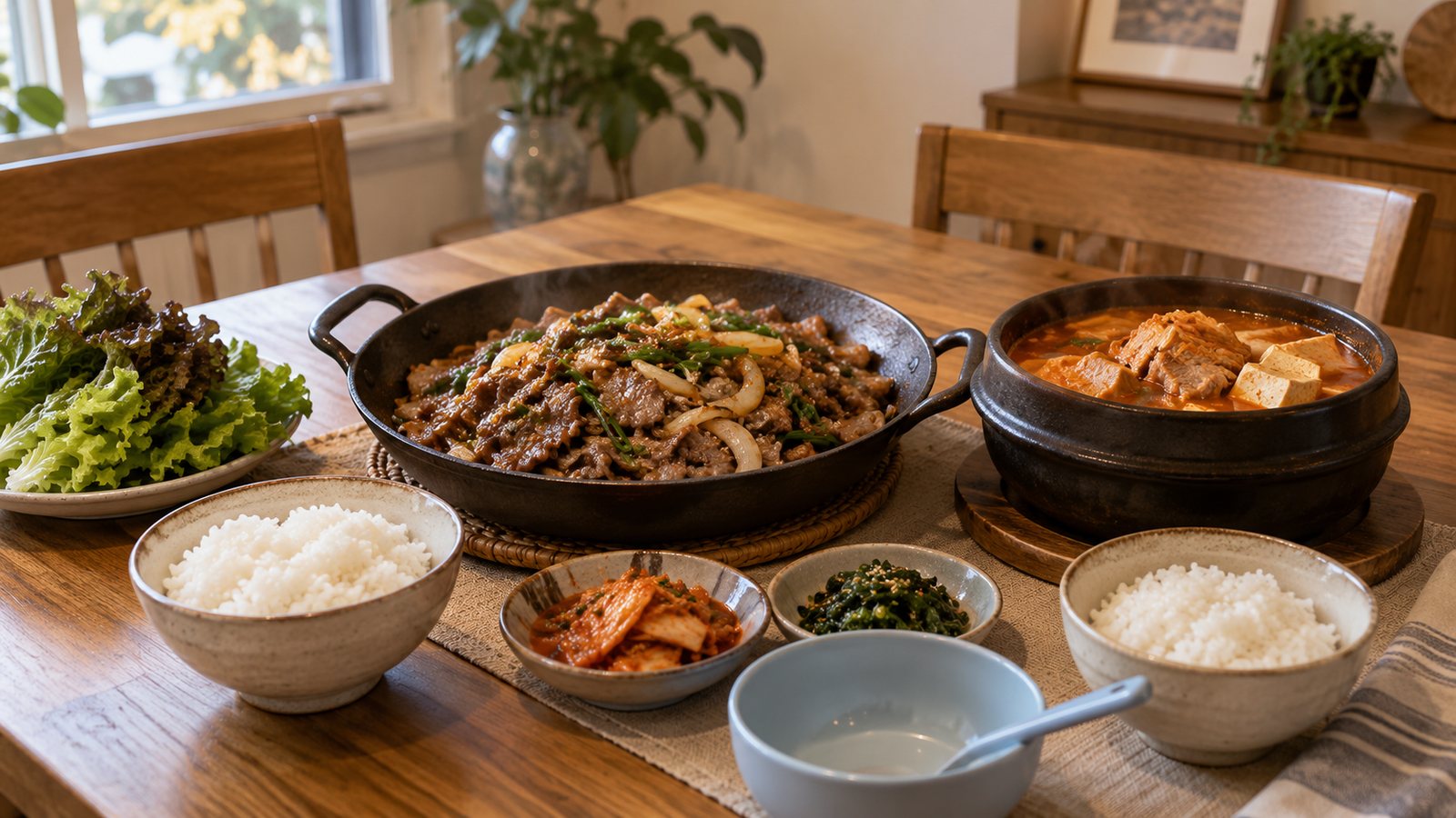 평일 저녁 식탁에 차린 돼지고기 요리