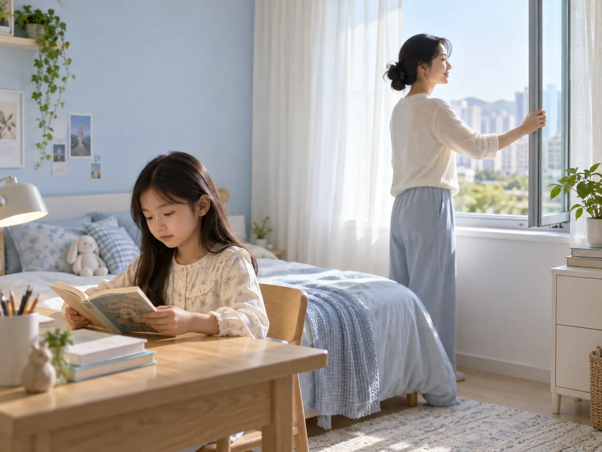 아이 방 창문을 여는 엄마와 책을 읽는 아이를 표현한 AI 이미지