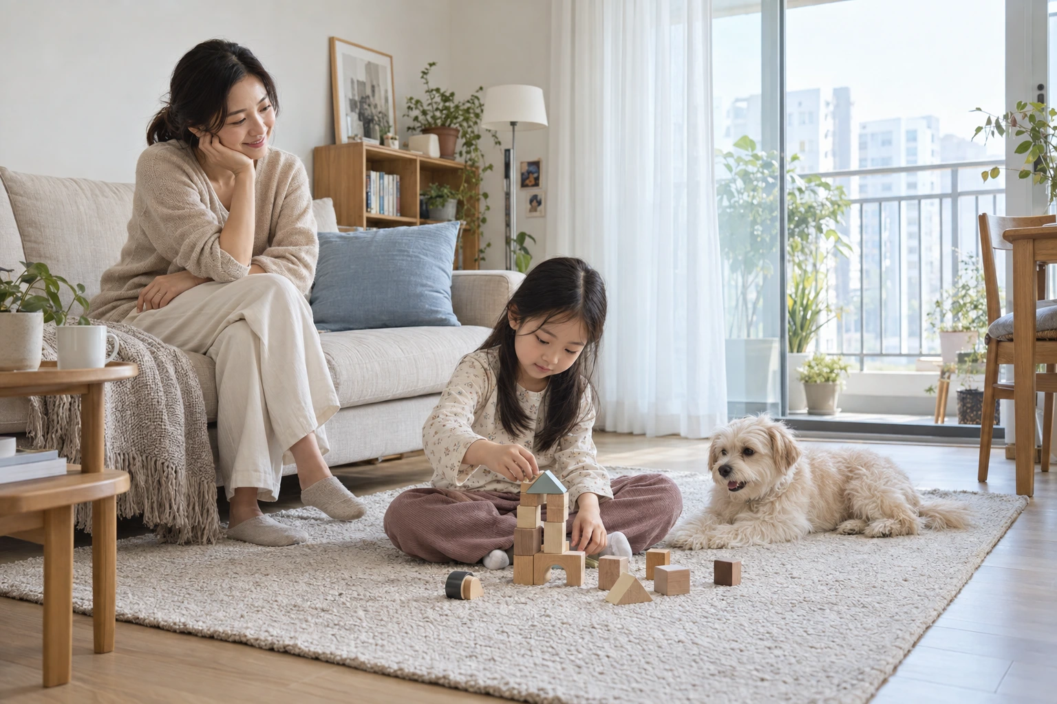 거실에서 아이와 강아지와 함께 시간을 보내는 가족을 표현한 AI 이미지