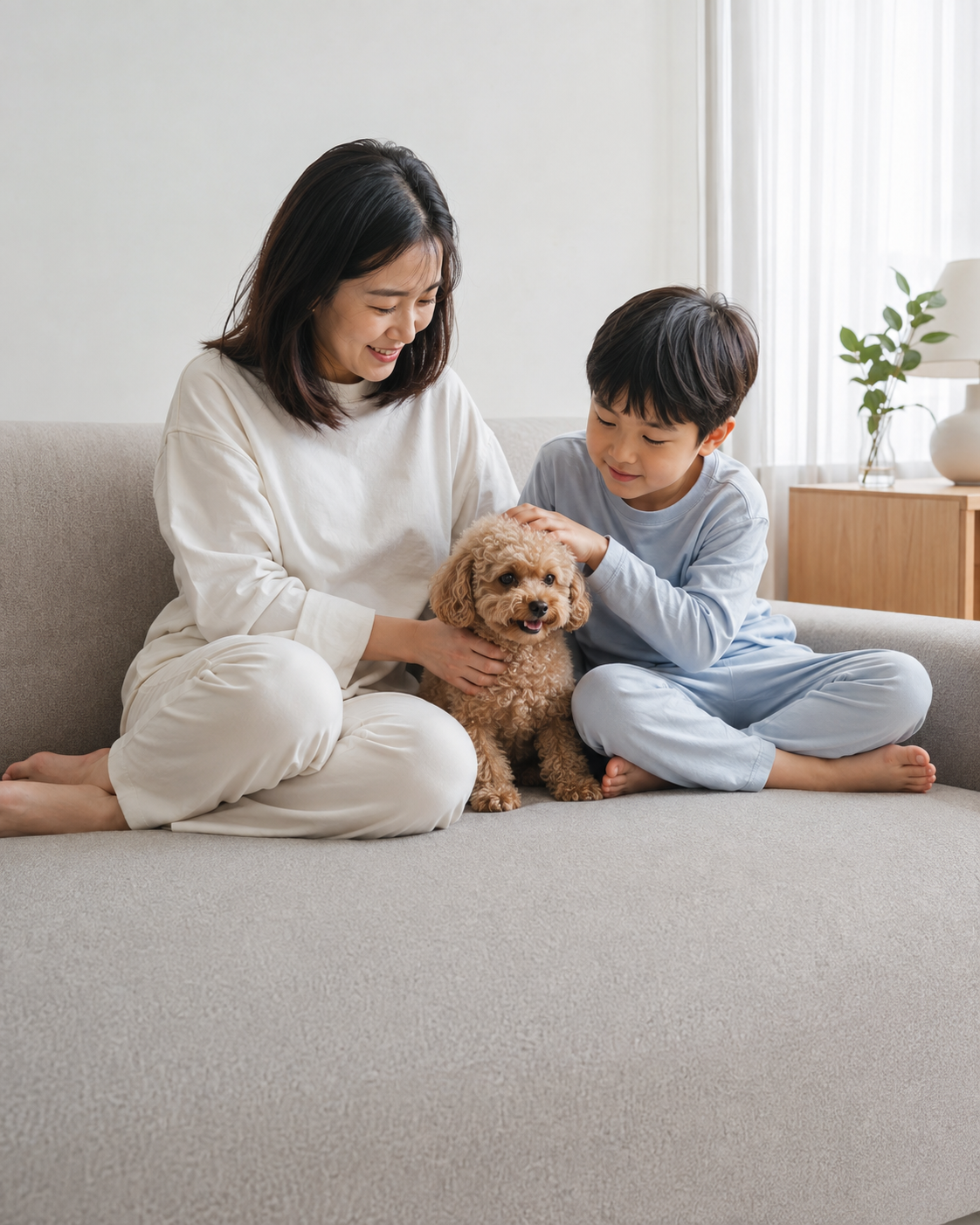 소파에 앉은 한국인 엄마와 아이, 토이푸들